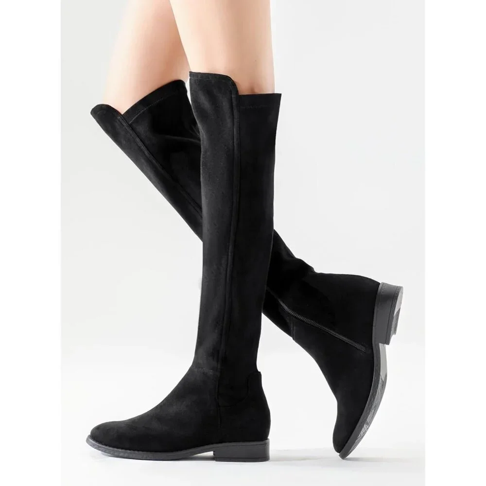 Women Black Suede Thigh High Over The Knee Flat Low Heel Long Round Toe Boots